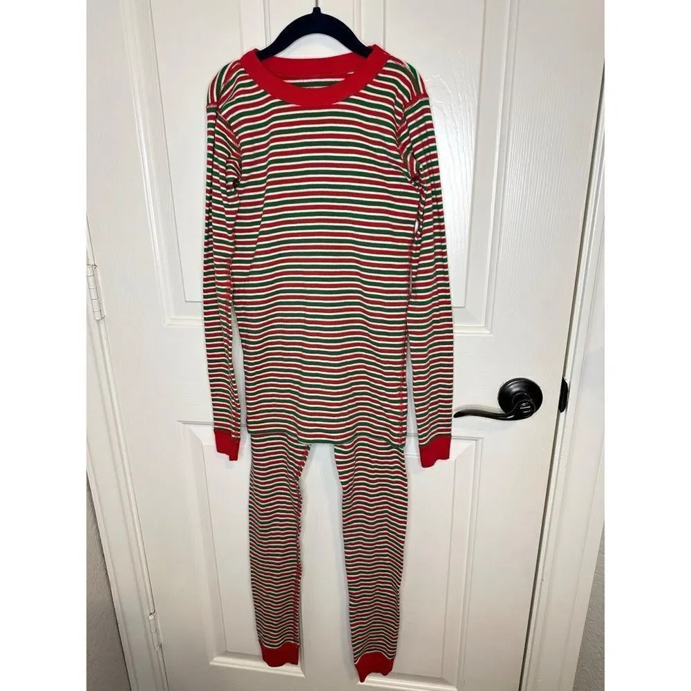 Hanna Andersson Moon & Back Holiday Green Red Striped Long John PJ Set Sz 12